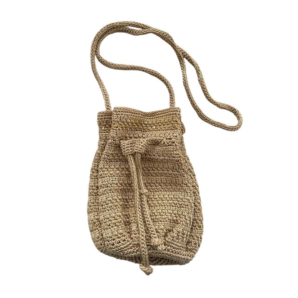 The Sak Crochet Mini Bucket Crossbody Bag Tan Sequin Boho